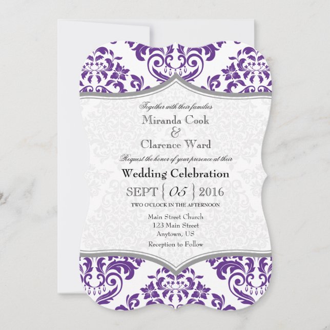 Purple Grey Damask Bracket Wedding Invite (Front)