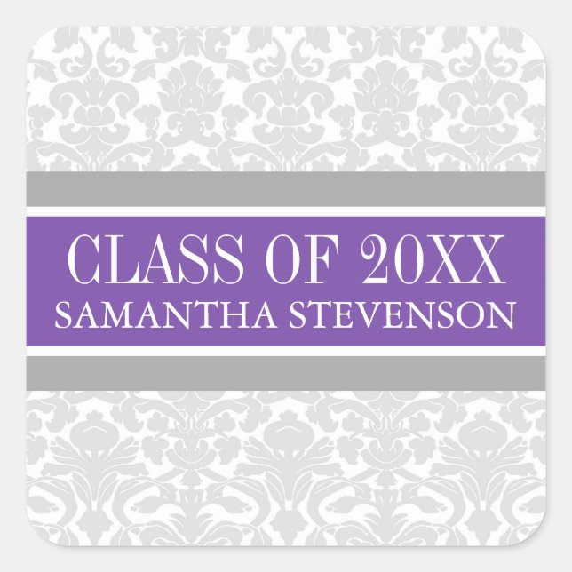 Purple Grey Damask Graduation Custom Year Name Square Sticker (Front)