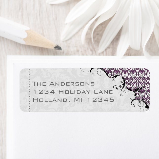 Purple & Grey Damask Swirled Return Address (Insitu)