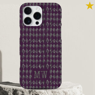 Purple Grey Doodle Diamond Pattern Custom Monogram iPhone 16 Pro Max Case