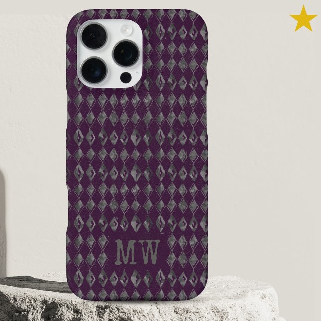 Purple Grey Doodle Diamond Pattern Custom Monogram iPhone Case (Creator Uploaded)