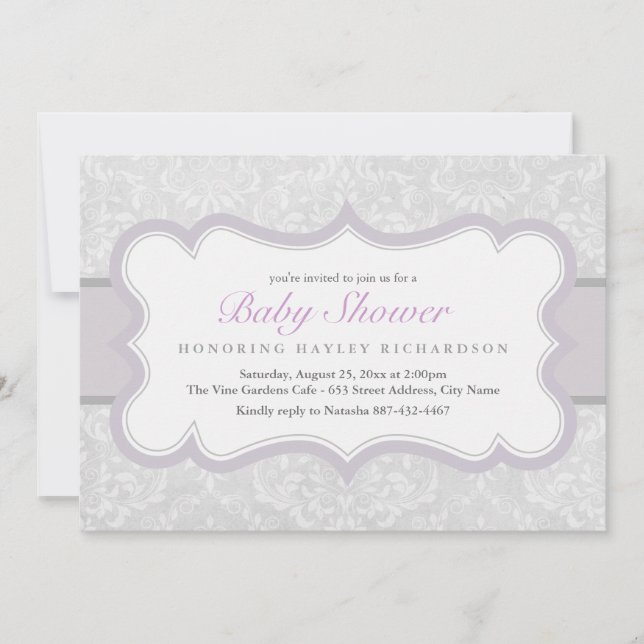Purple & Grey Elegant Damask Baby Shower Invite (Front)