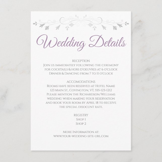 Purple Grey Elegant Wedding Details Enclosure Card (Front)