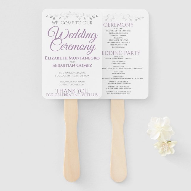 Purple & Grey Elegant Wedding Fans with Program (Front and Back)
