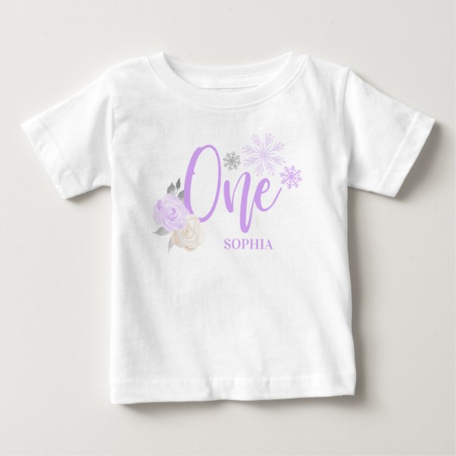 Purple Grey Floral Winter ONEderland 1st Birthday Baby T-Shirt (Front)