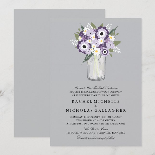 Purple Grey Flowers Mason Jar  | Wedding Invitation (Front/Back)