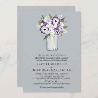 Purple Grey Flowers Mason Jar | Wedding Invitation