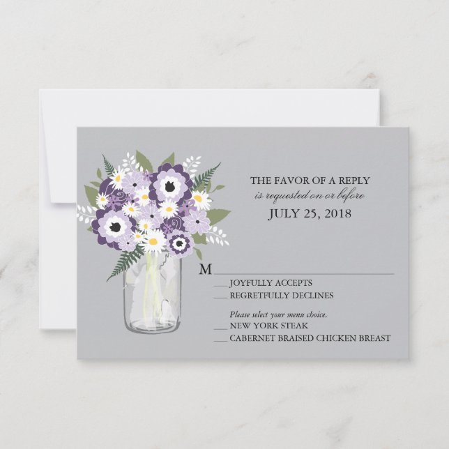 Purple Grey Flowers Mason Jar | Wedding RSVP Card (Front)