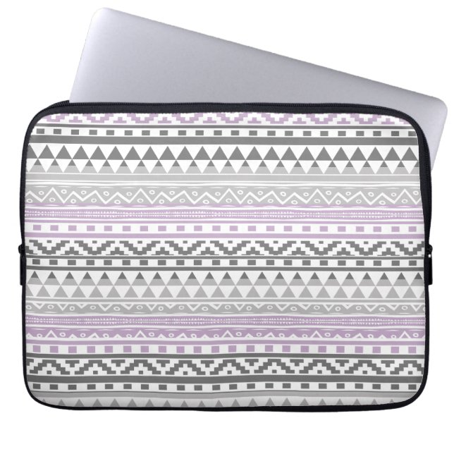 Purple Grey Geometric Aztec Tribal Print Pattern Laptop Sleeve (Front)