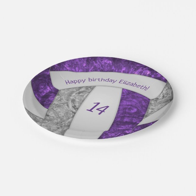 purple grey girly volleyball birthday party paper plate (Angled)