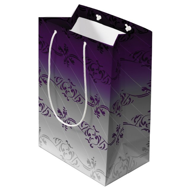 Purple Grey Gradient Striped Floral Leaf Pattern Medium Gift Bag (Back Angled)