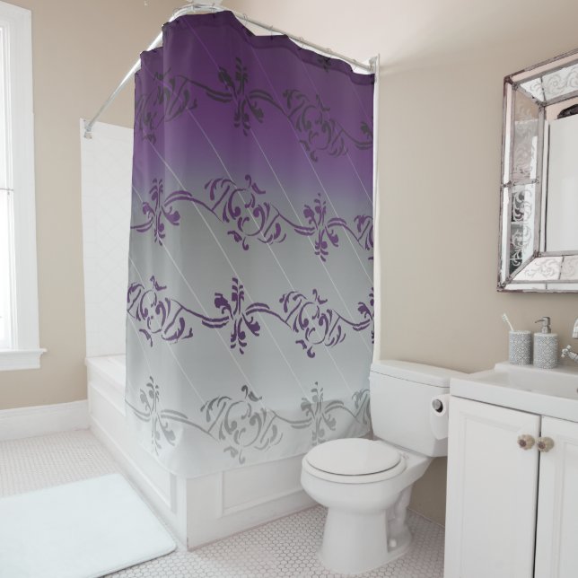 Purple Grey Gradient Striped Floral Leaf Pattern Shower Curtain (In Situ)
