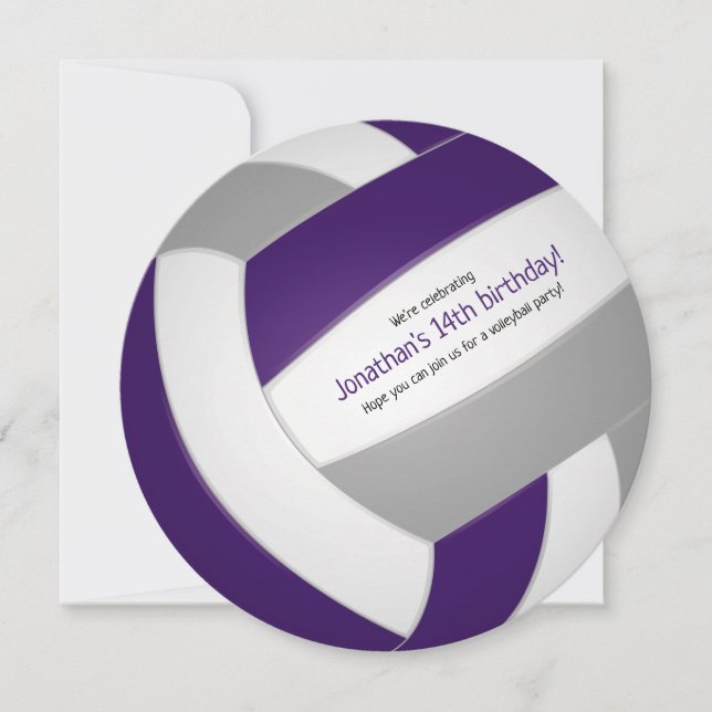 Purple grey kids volleyball birthday party announcement (Front)