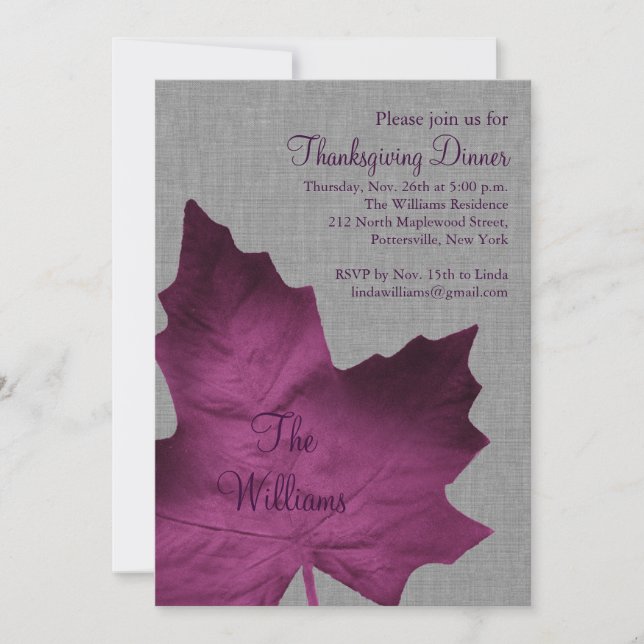 Purple & Grey Linen Thanksgiving Dinner Invitation (Front)