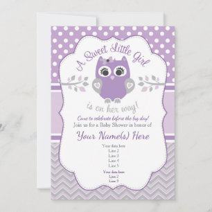 Purple Grey Little Owl Baby Shower Invitation