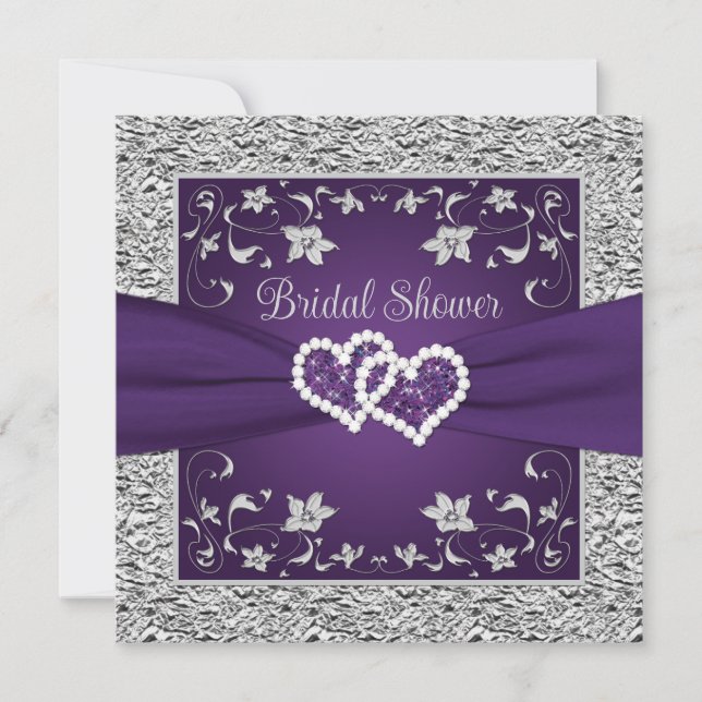 Purple, Grey Love Hearts Bridal Shower Invitation (Front)