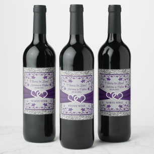 Purple, Grey Love Hearts Wedding Beverage Label 2