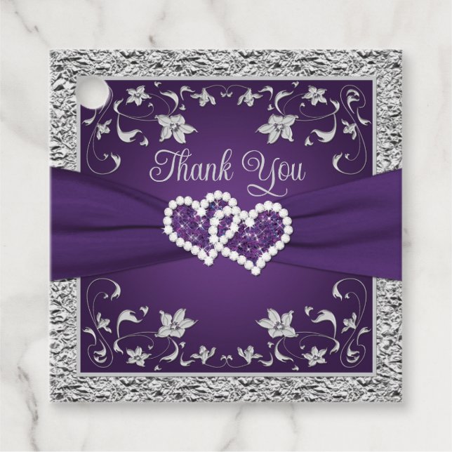 Purple, Grey Love Hearts Wedding Favour Tag (Front)