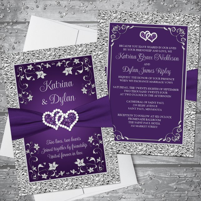 Purple, Grey Love Hearts Wedding Invitation (Romantic Purple and Silver Gray Floral Wedding Invitation with Ribbon and Joined Hearts (PRINTED ON))