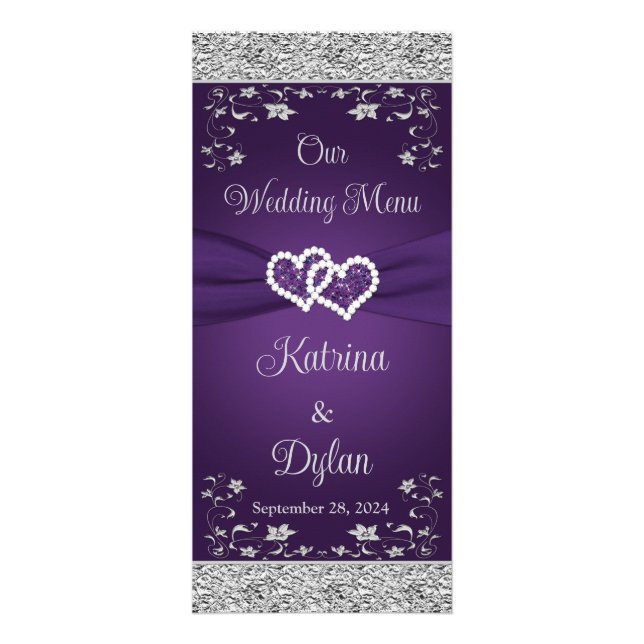 Purple, Grey Love Hearts Wedding Menu (Front)