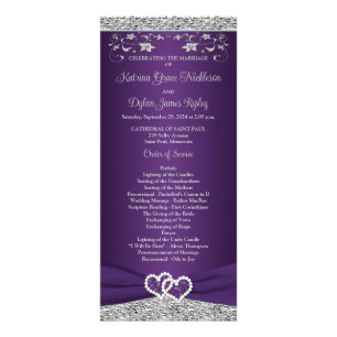 Purple, Grey Love Hearts Wedding Program Rack Card