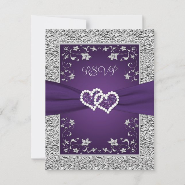 Purple, Grey Love Hearts Wedding RSVP Card (Front)