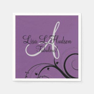 Purple Grey Monogram Black Swirls 50th Birthday Napkin