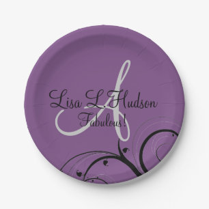 Purple Grey Monogram Black Swirls 50th Birthday Paper Plate