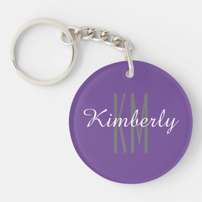 Purple & Grey Monogram Name, Personalise Key Ring (Front)