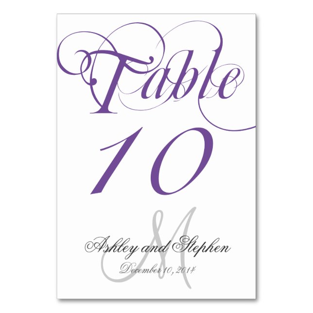Purple Grey Monogram Wedding Table Number Card (Front)