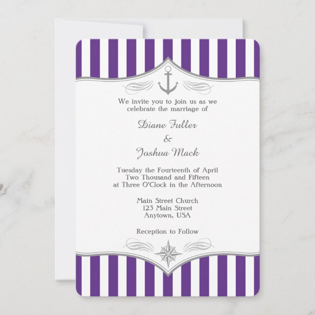 Purple Grey Nautical Wedding Invitation (Front)