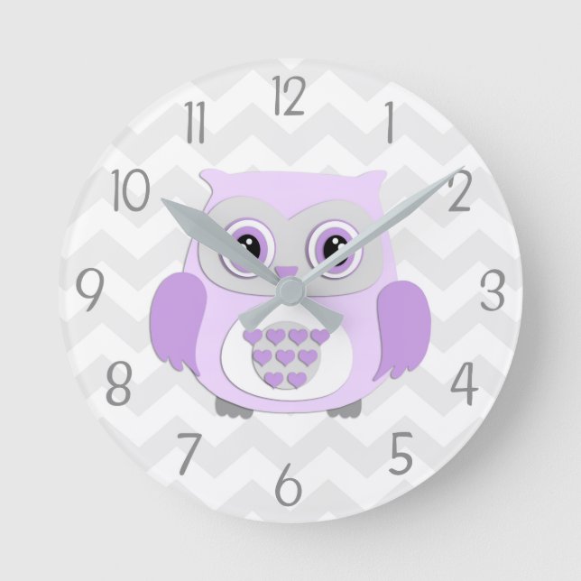 Purple Grey Owl Nursery Wall Clock (Front)