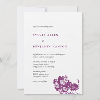 Purple grey peacock garden chic wedding invitation