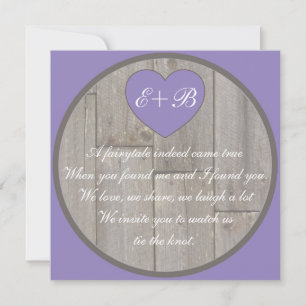 Purple grey rustic heart rhyming wedding invites
