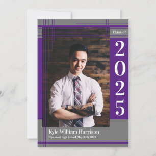 Purple Grey School Colour Graduation Photo Plaid Invitation