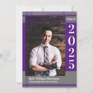 Purple Grey School Colour Graduation Photo Plaid Invitation