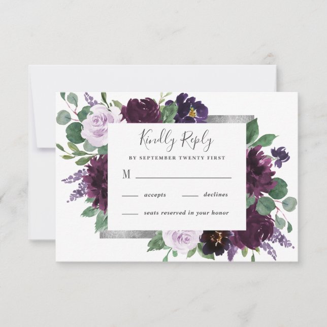 Purple Grey Silver Watercolor Peony Fall Wedding RSVP Card (Front)