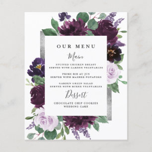 Purple Grey Silver Watercolor Wedding Menu Cards