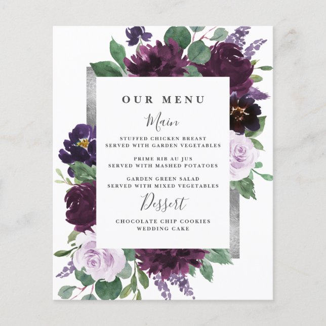 Purple Grey Silver Watercolor Wedding Menu Cards (Front)