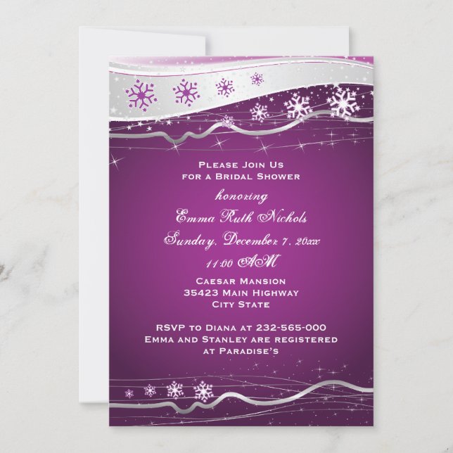 Purple, grey snowflake wedding bridal shower invitation (Front)