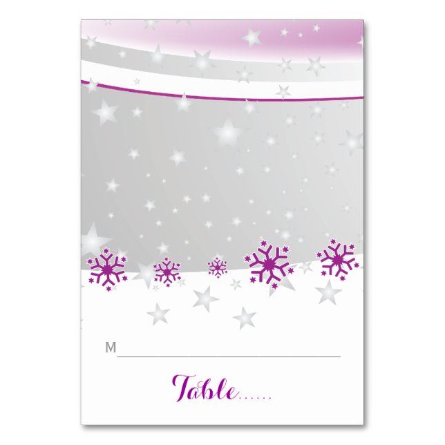 Purple, grey snowflakes wedding folded place card (Front)