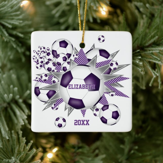 purple grey soccer ball blowout girls sports ceramic ornament (Tree)