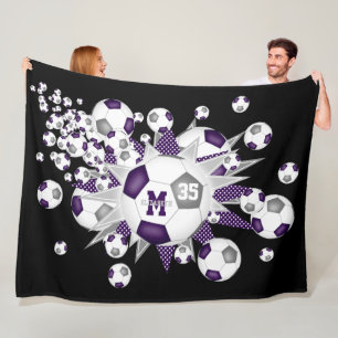 Purple grey soccer balls stars athlete sports room fleece blanket