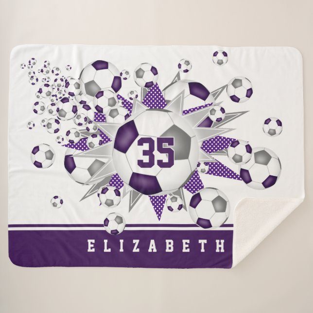 purple grey soccer balls stars girls sports room sherpa blanket (Front (Horizontal))