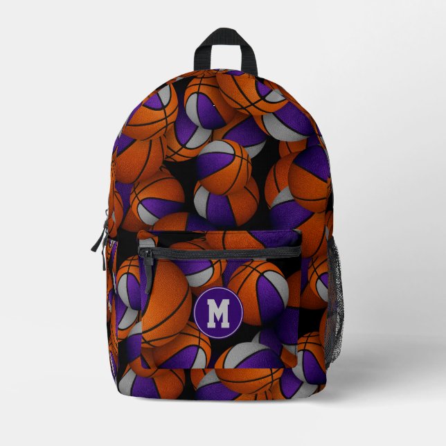 purple grey team colours basketballs pattern printed backpack (Front)