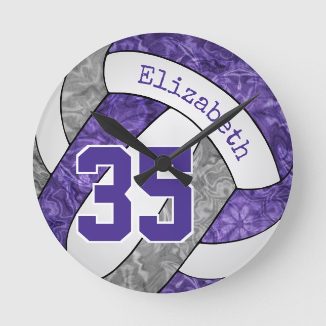 purple grey team colours girly volleyball room round clock (Front)