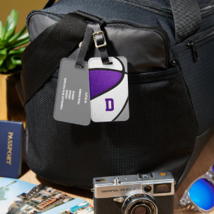 purple grey team colours monogrammed basketball luggage tag