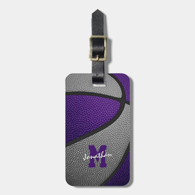 purple grey team colours monogrammed basketball luggage tag (Front Vertical)
