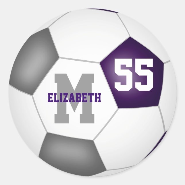 purple grey team colours soccer ball personalised classic round sticker (Front)