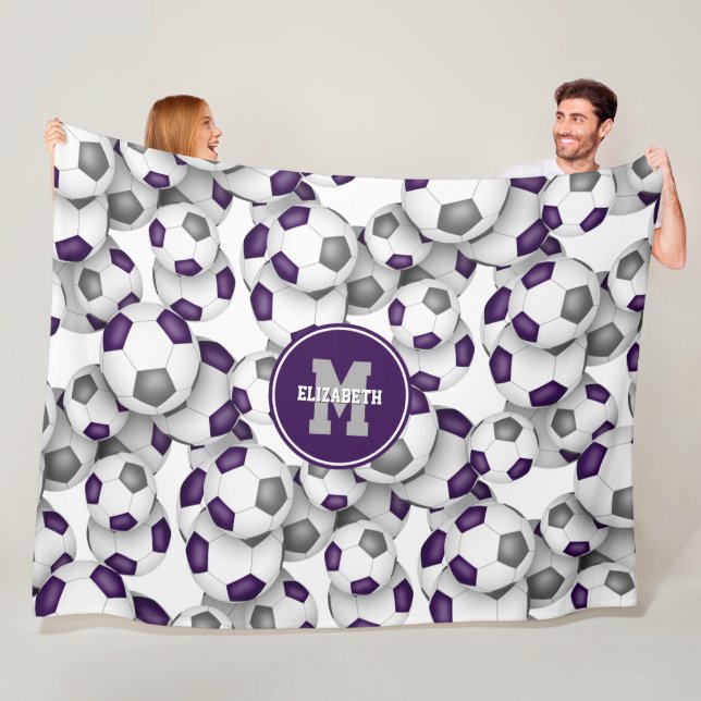 purple grey team colours soccer balls pattern fleece blanket (In Situ)